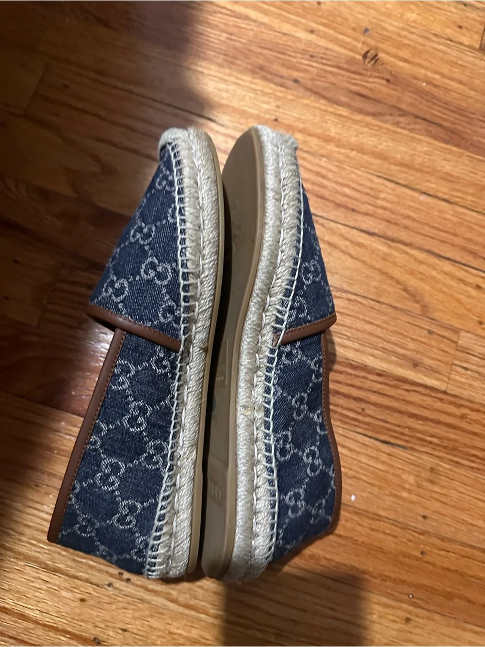Gucci Blue Denim Monogram Espadrille Loafers with Brown Trim